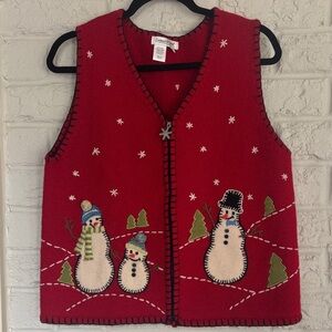100% Wool Coldwater Creek Snowman Family Winter Vest Size Medium